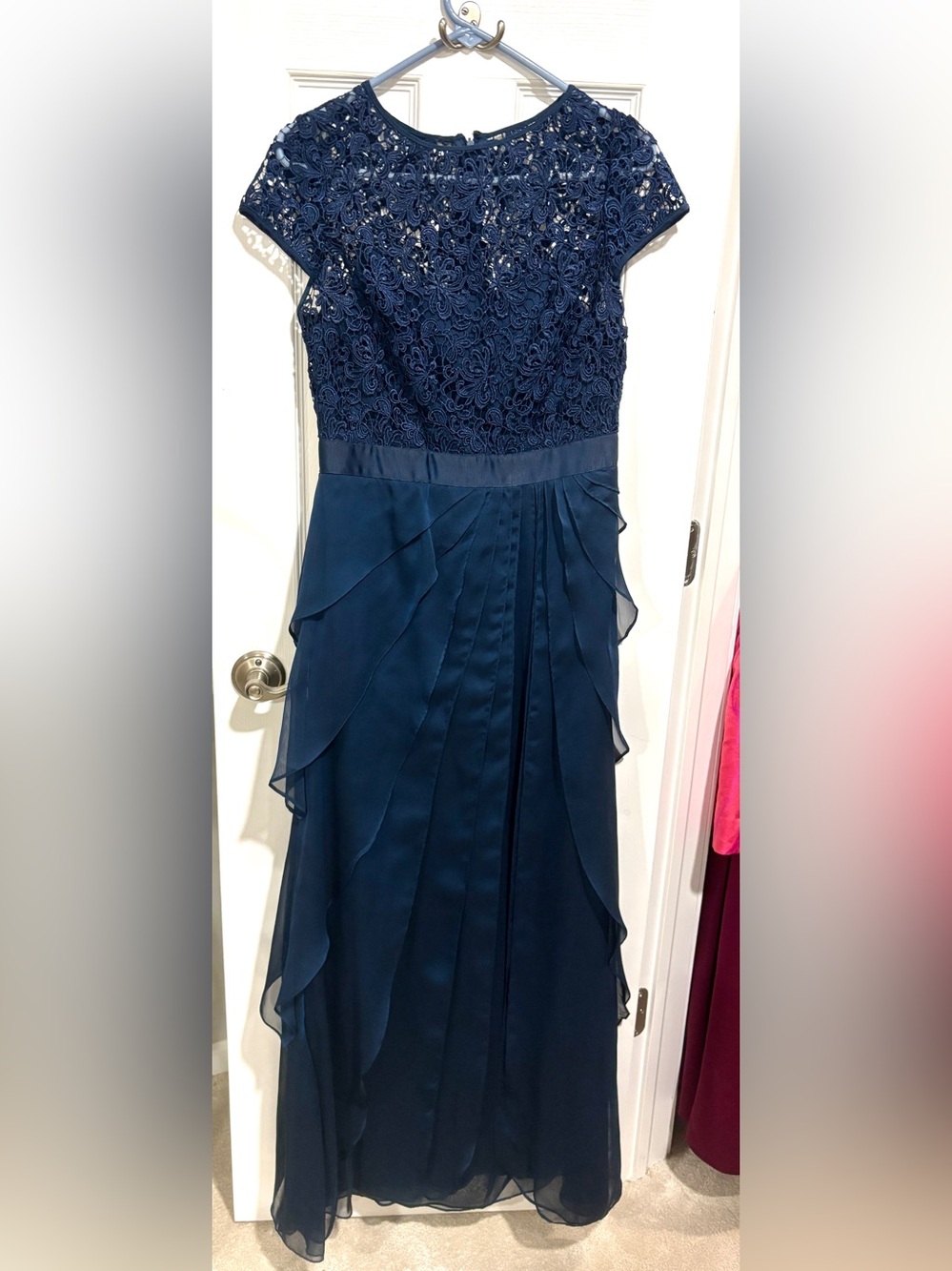 Adrianna Papell Navy Blue Lace Bodice Maxi Dress 8 long